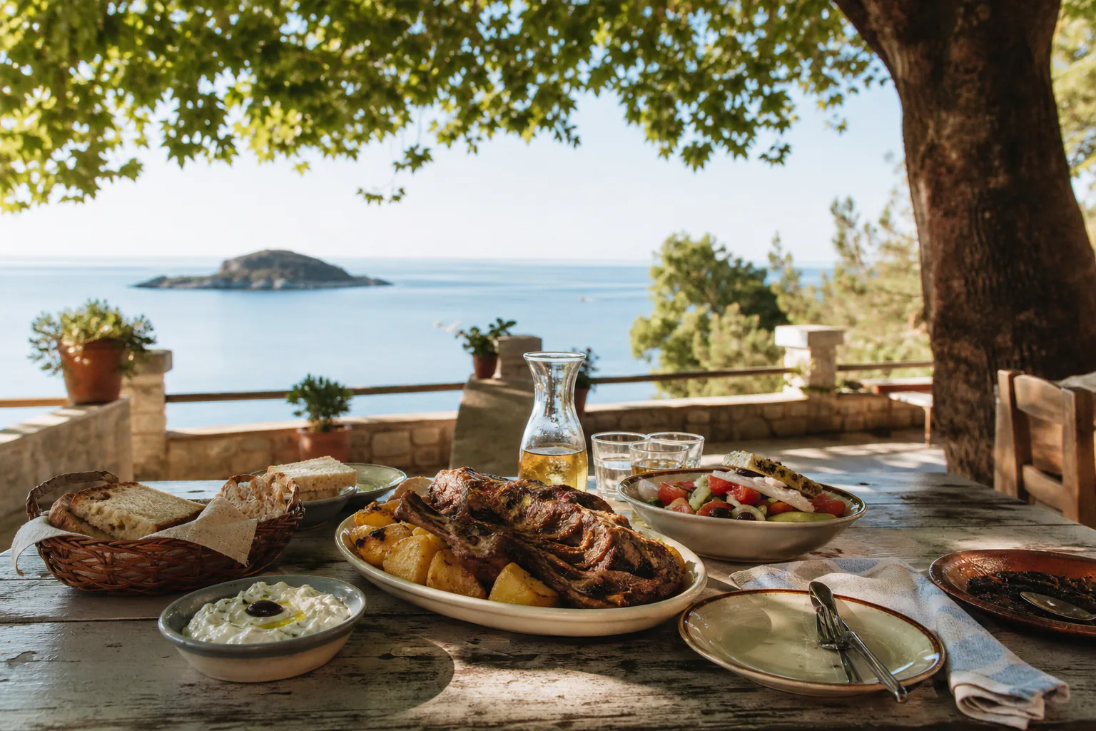 Η αυλή της ταβέρνας Τα Πλατάνια με θέα στη θάλασσα της Θάσου