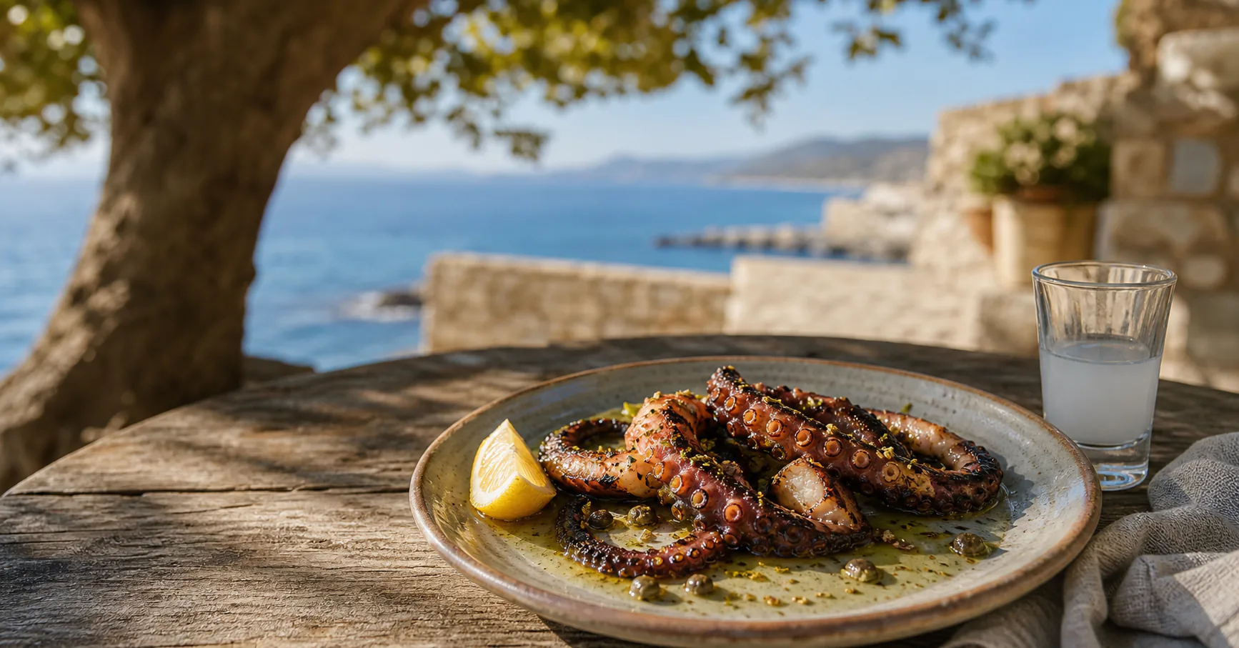 Χταπόδι σχάρας σε παραδοσιακό πιάτο με θέα στο Αιγαίο